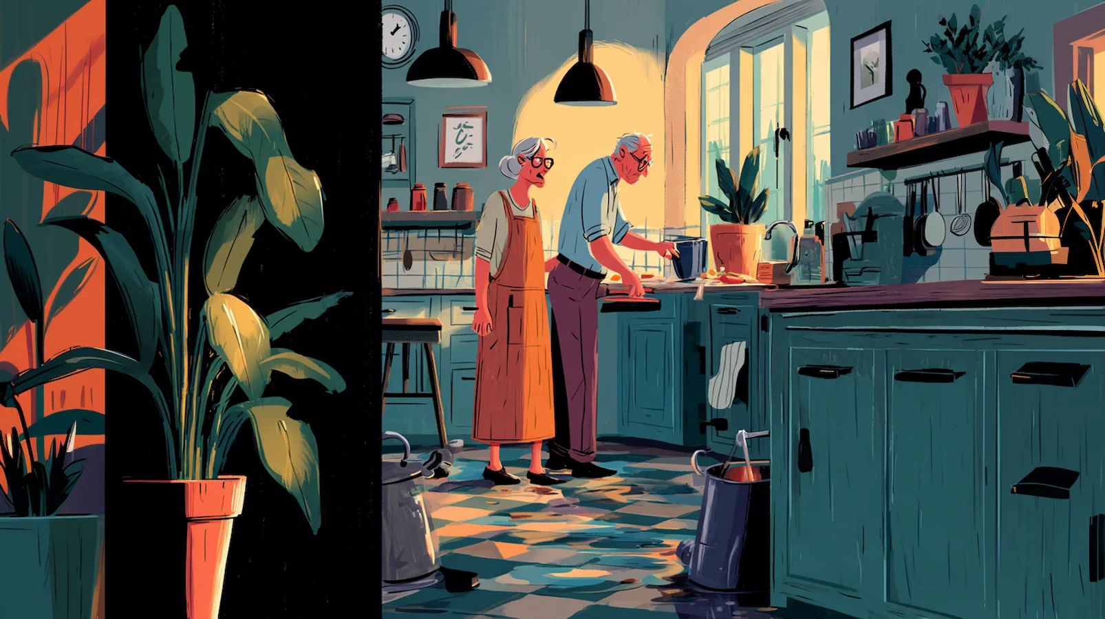 Illustration of an elderly couple working together in their kitchen, symbolizing homeowners preparing their property for a sale-leaseback while planning to continue aging in place