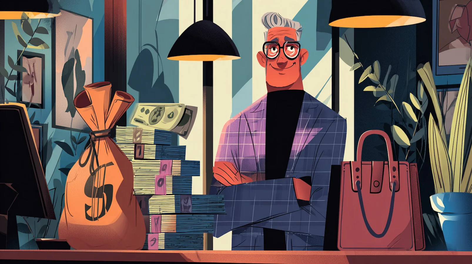 Illustration of a confident, smiling investor next to large stacks of cash and a money bag, symbolizing successful investment planning, high profit, and the use of leasebacks for financial gain