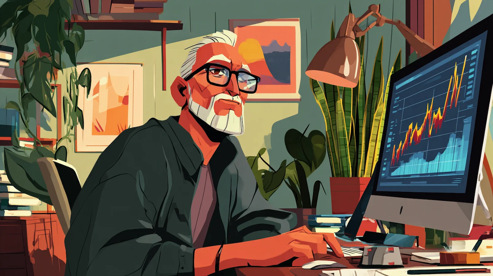 Illustration of a seasoned home investor working at a computer with financial charts, symbolizing a data-driven approach to investment planning and smart real estate analysis