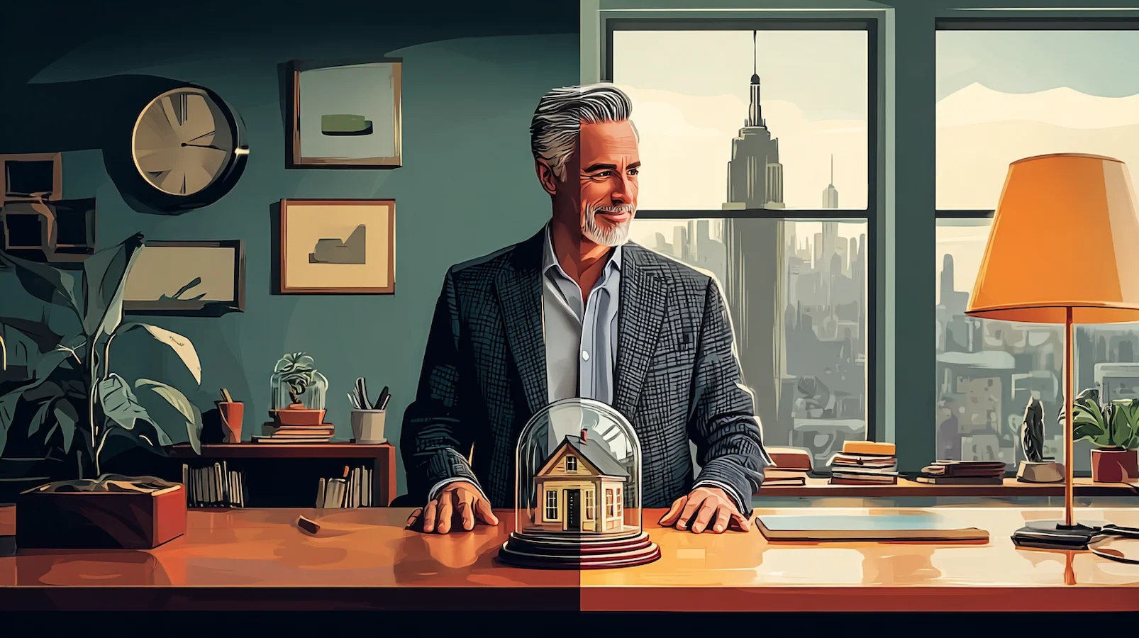 Illustration of a smiling, confident home investor at his desk, with a house protected under a glass dome, symbolizing secure investment planning and the protected income property strategy using leasebacks