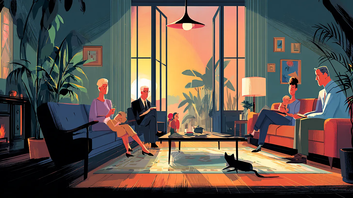 Illustration of homeowners meeting in a living room, symbolizing a community discussion about housing rules and issues, such as unenforceable HOA rules, and seeking a home equity solution