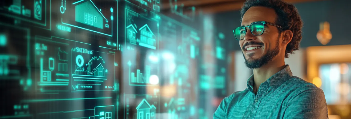 Illustration of a confident man surrounded by holographic screens displaying data, charts, and houses, symbolizing data-driven investment planning and analysis of rental growth in the SFR real estate market