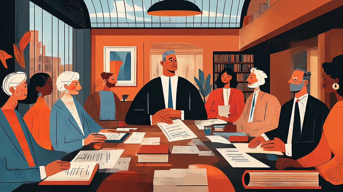 Illustration of a group of professionals at a conference table reviewing legal and financial documents, symbolizing a consultation regarding property valuation, appraisal cost, and legal issues related to home equity