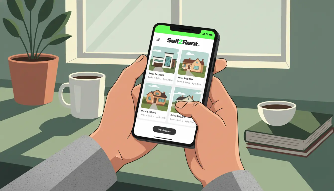 Illustration of hands using a smartphone displaying the Sell2Rent app with property listings, symbolizing a digital platform for home investors to find and analyze off market properties for real estate investing.