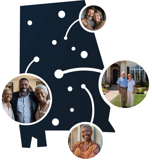 Vector illustration of Alabama state map with homeowners discovering sale-leaseback options through Sell2Rent