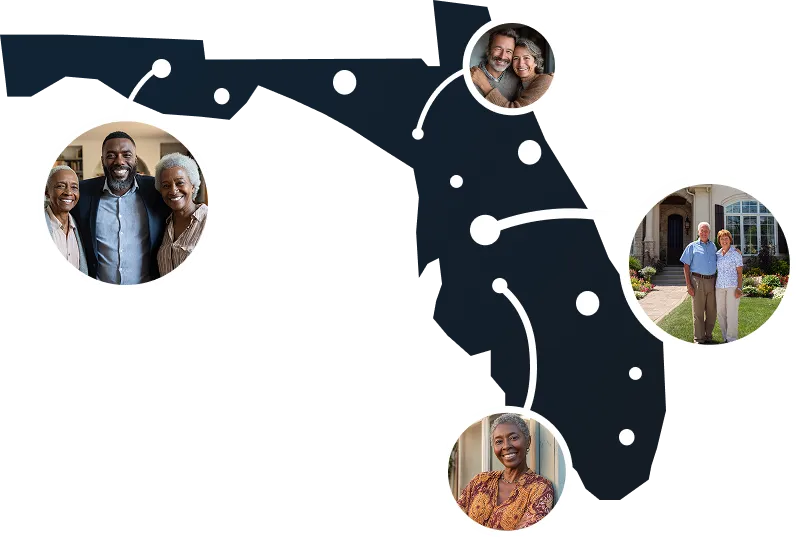 Vector illustration of Florida state map with homeowners accessing home equity through Sell2Rent's sale-leaseback program