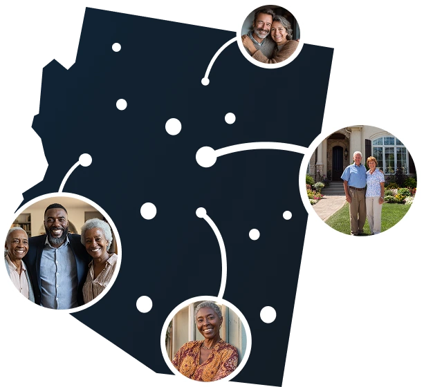 Vector map of Arizona with homeowners exploring Sell2Rent's sale-leaseback program to access home equity
