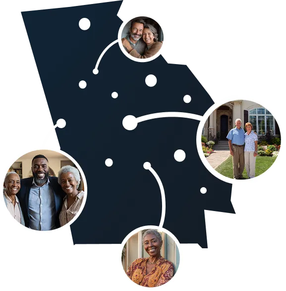 Illustrated Georgia state map with residents benefiting from Sell2Rent's sell and stay program