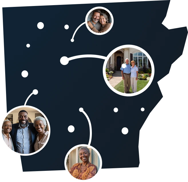 Illustrated Arkansas state map with residents accessing home equity through Sell2Rent's sell and stay solution