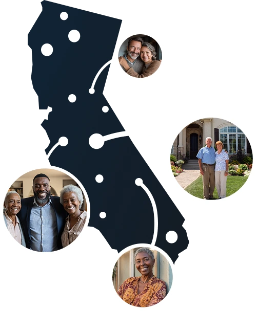 Vector illustration of California state outline with homeowners benefiting from Sell2Rent's sale-leaseback program