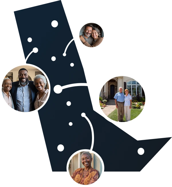 Illustrated Delaware state outline with residents exploring Sell2Rent's sell and stay solution to access equity