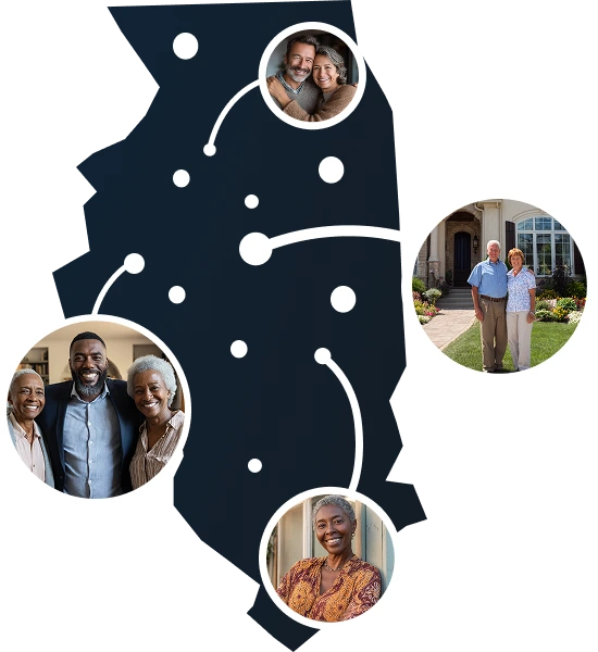 Vector illustration of Illinois state map with homeowners exploring sale-leaseback options through Sell2Rent