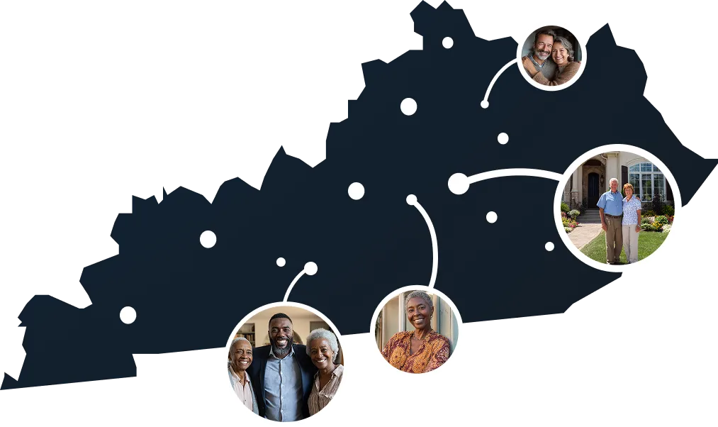 Vector illustration of Kentucky state map with homeowners discovering Sell2Rent's sale-leaseback options