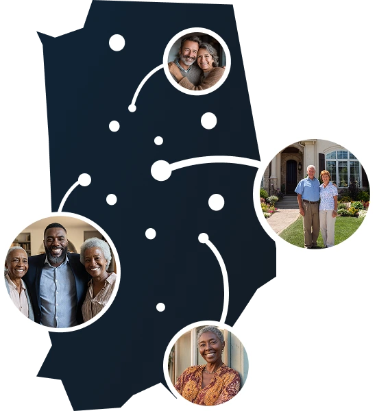 Illustrated Indiana state map with residents accessing home equity through Sell2Rent's sell and stay solution
