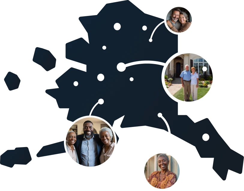 Illustrated Alaska state outline with residents unlocking home equity through Sell2Rent's sell and stay program
