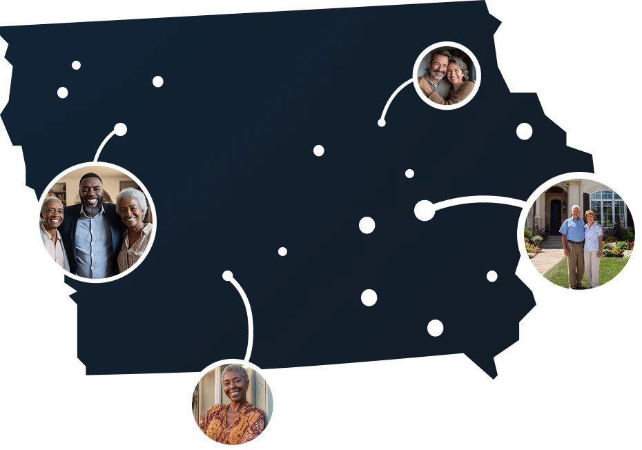 Vector map of Iowa with homeowners benefiting from Sell2Rent's sale-leaseback program