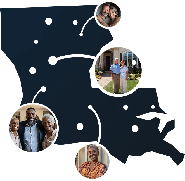 Illustrated Louisiana state map with residents exploring Sell2Rent's sell and stay solution