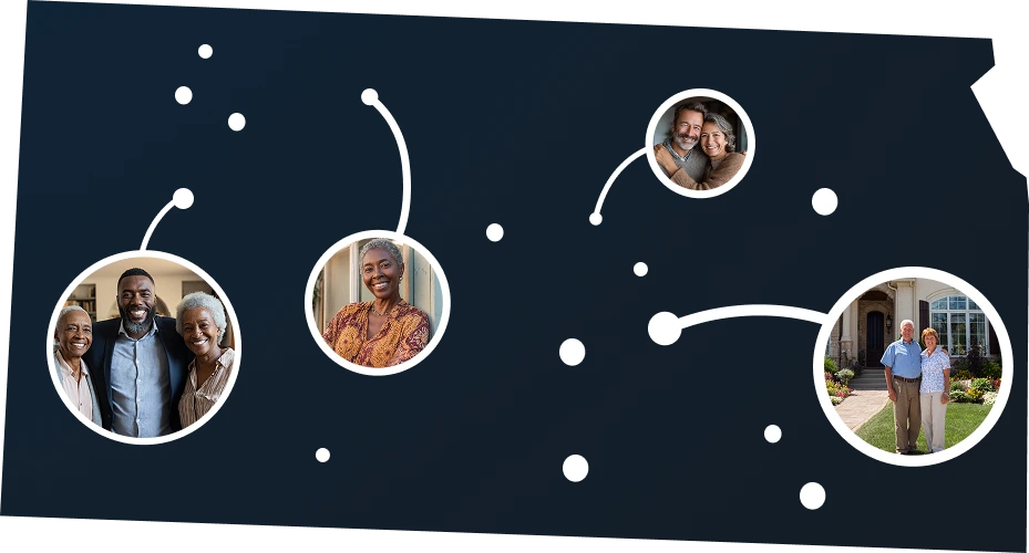Illustrated Kansas state outline with residents unlocking home equity through Sell2Rent's sell and stay program