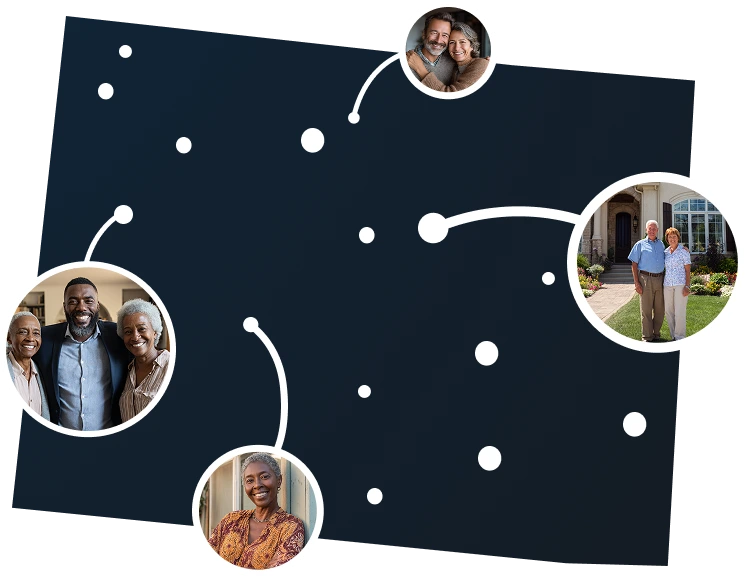 Illustrated Colorado state map with residents unlocking home equity through Sell2Rent's sell and stay program