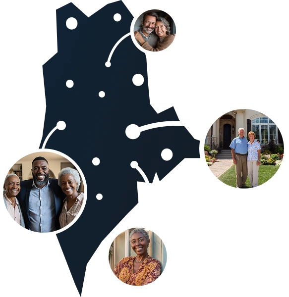 Vector map of Maine with homeowners accessing home equity through Sell2Rent's sale-leaseback program