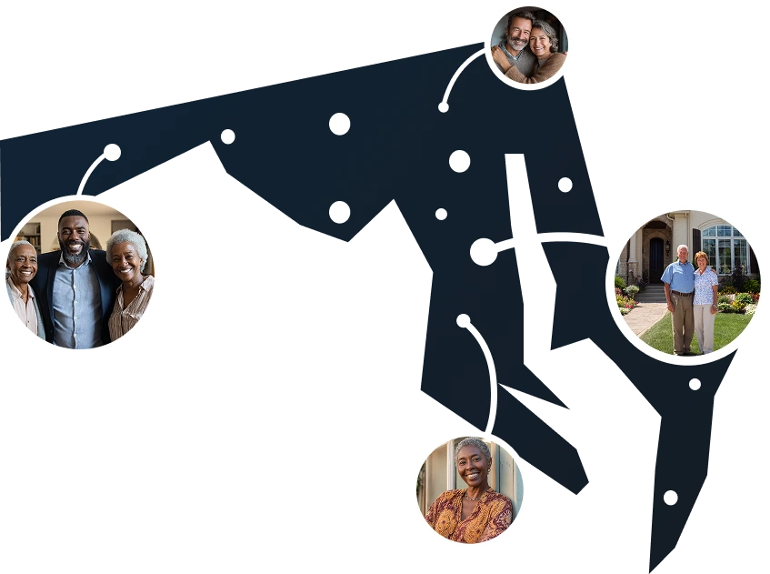 Illustrated Maryland state outline with residents benefiting from Sell2Rent's sell and stay program