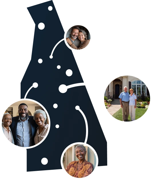 Vector illustration of New Hampshire state map with homeowners accessing home equity through Sell2Rent's sale-leaseback program