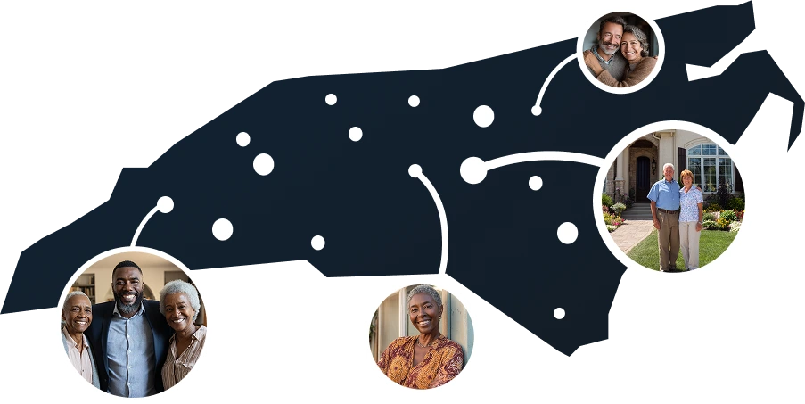 Vector illustration of North Carolina state map with homeowners exploring sale-leaseback options through Sell2Rent