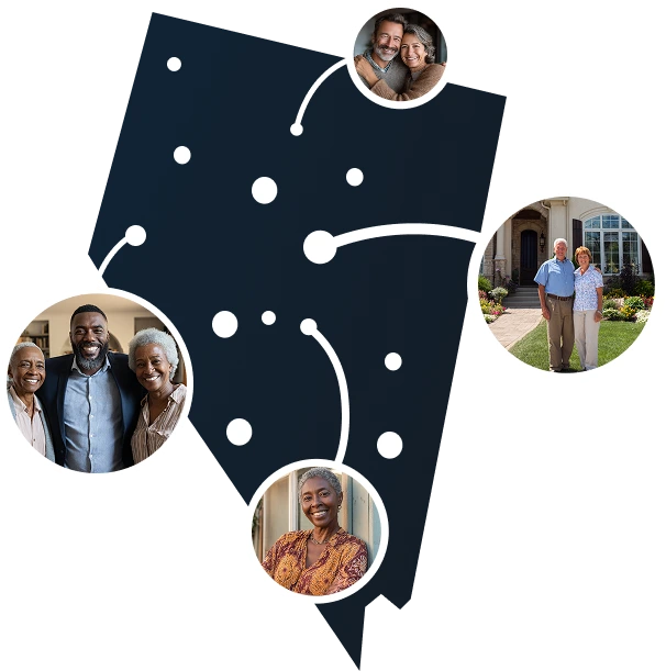 Illustrated Nevada state outline with residents exploring Sell2Rent's sell and stay solution to access equity