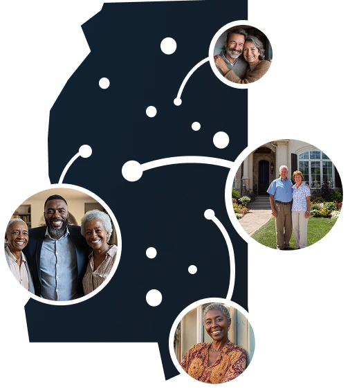 Illustrated Mississippi state outline with residents accessing home equity through Sell2Rent's sell and stay solution