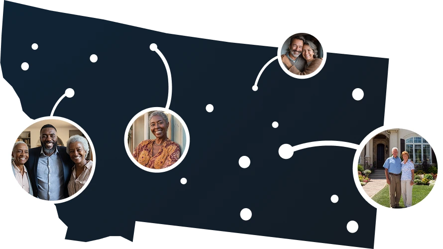Illustrated Montana state map with residents unlocking home equity through Sell2Rent's sell and stay program