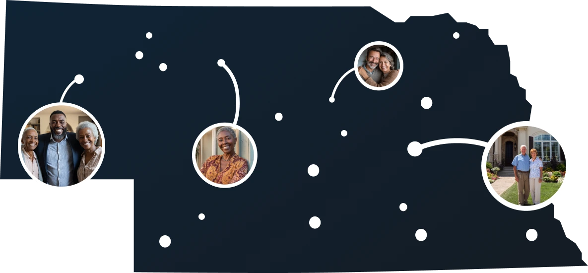 Vector map of Nebraska with homeowners discovering Sell2Rent's sale-leaseback options