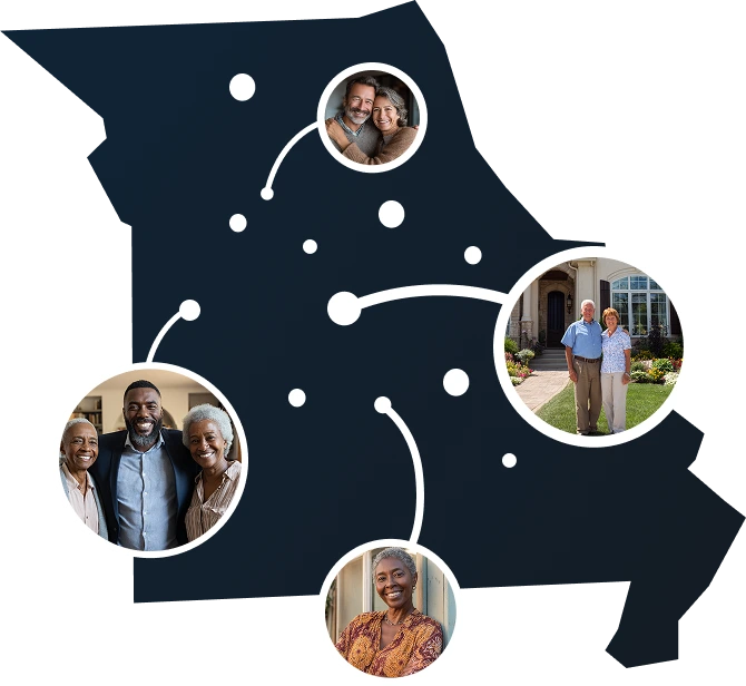 Vector illustration of Missouri state map with homeowners benefiting from Sell2Rent's sale-leaseback program