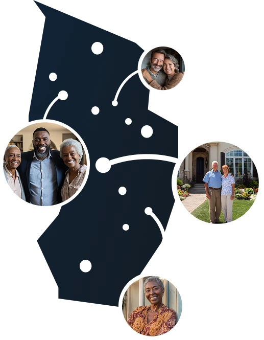 Illustrated New Jersey state map with residents benefiting from Sell2Rent's sell and stay program