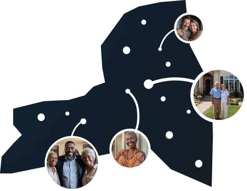 Illustrated New York state outline with residents discovering Sell2Rent's sell and stay program