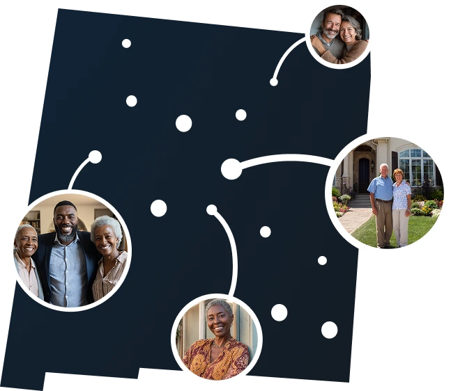 Vector map of New Mexico with homeowners unlocking home equity through Sell2Rent's sale-leaseback solution