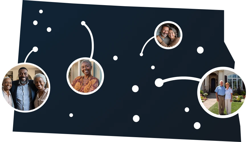 Illustrated North Dakota state map with residents accessing home equity through Sell2Rent's sell and stay solution