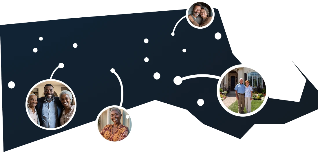 Vector illustration of Massachusetts state map with homeowners unlocking equity through Sell2Rent's sale-leaseback solution