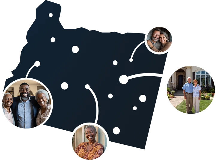 Vector illustration of Oregon state map with homeowners discovering Sell2Rent's sale-leaseback options