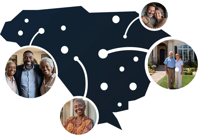 Illustrated South Carolina state outline with residents benefiting from Sell2Rent's sell and stay program