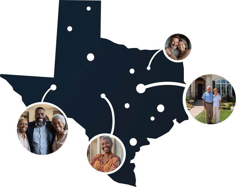 Vector map of Texas with homeowners exploring sale-leaseback options through Sell2Rent