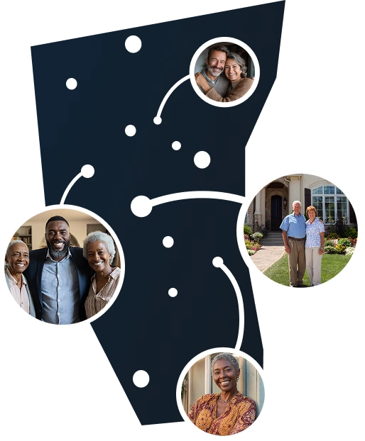 Vector illustration of Vermont state map with homeowners benefiting from Sell2Rent's sale-leaseback program