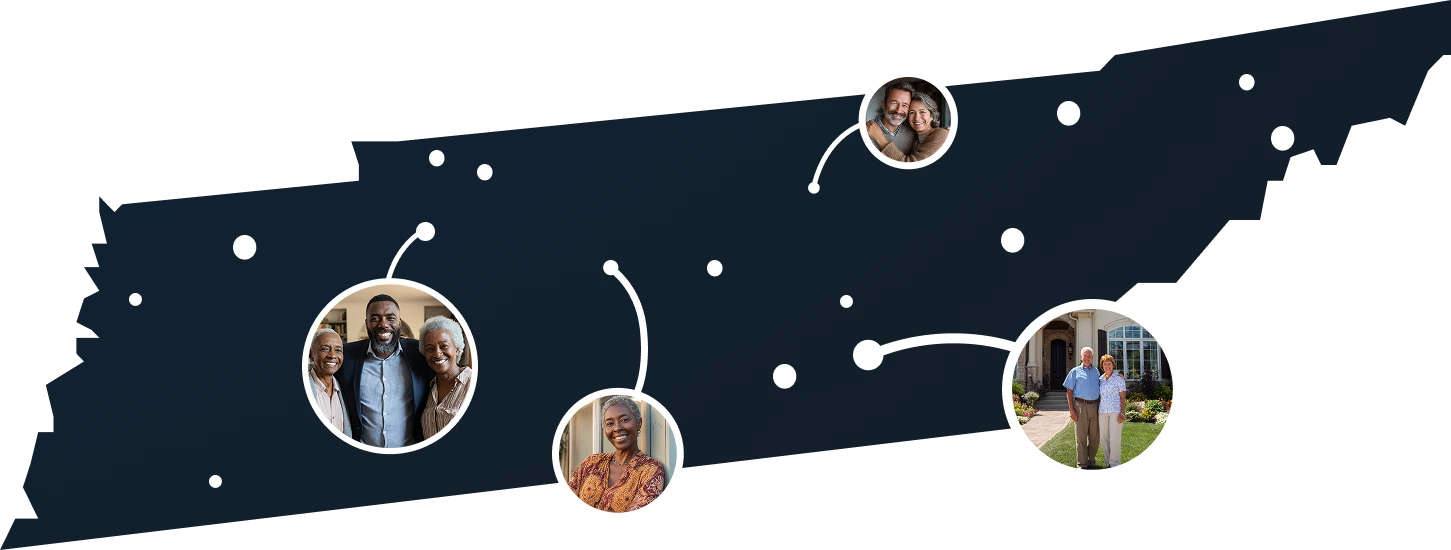 Illustrated Tennessee state map with residents discovering Sell2Rent's sell and stay program
