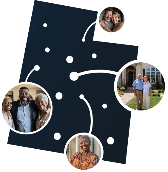 Illustrated Utah state outline with residents accessing home equity through Sell2Rent's sell and stay solution