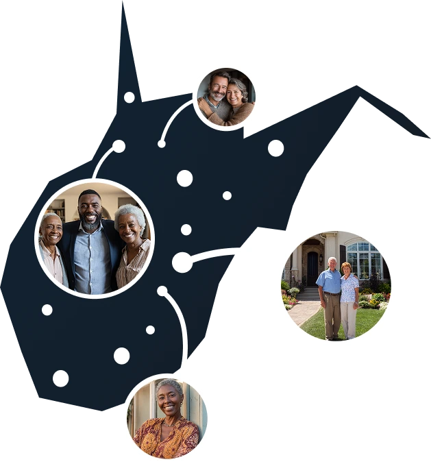 Illustrated West Virginia state outline with residents exploring Sell2Rent's sell and stay solution to access equity