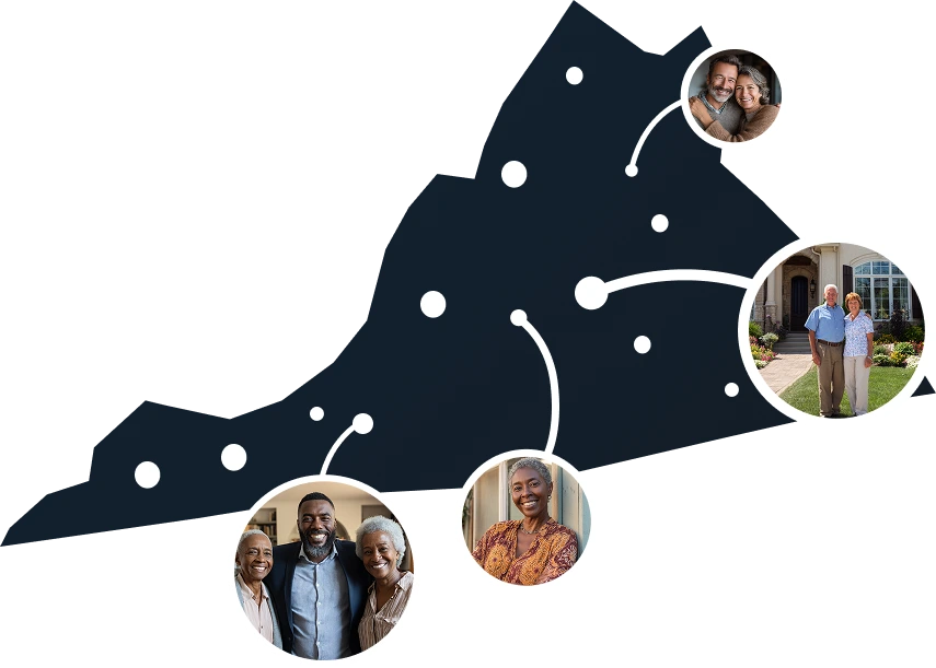 Illustrated Virginia state map with residents unlocking home equity through Sell2Rent's sell and stay program