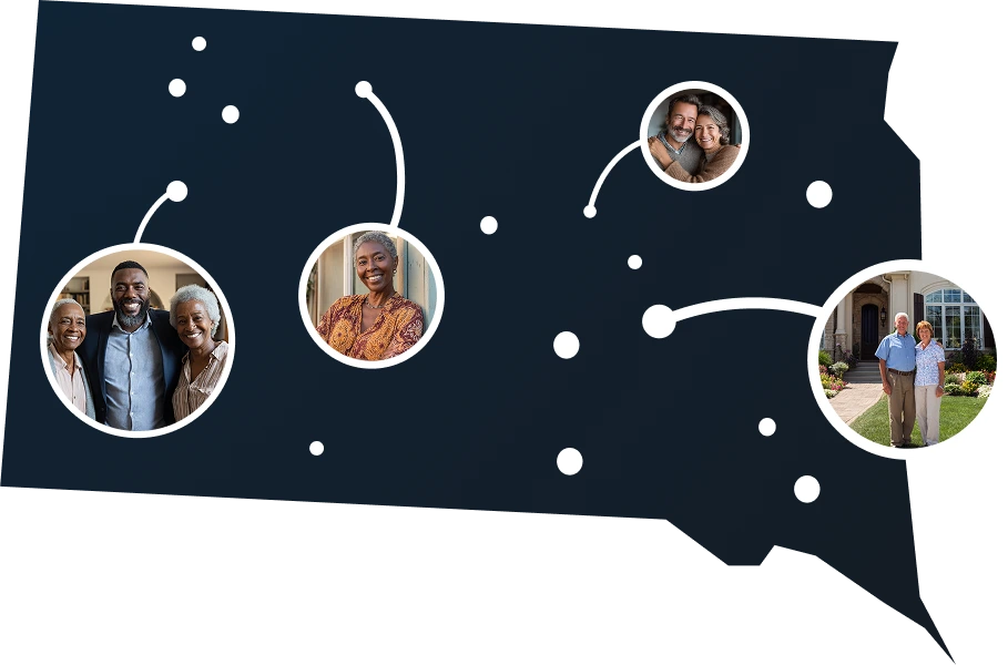 Vector illustration of South Dakota state map with homeowners unlocking equity through Sell2Rent's sale-leaseback solution