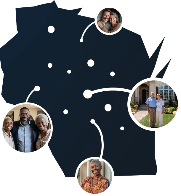 Vector illustration of Wisconsin state map with homeowners accessing home equity through Sell2Rent's sale-leaseback program