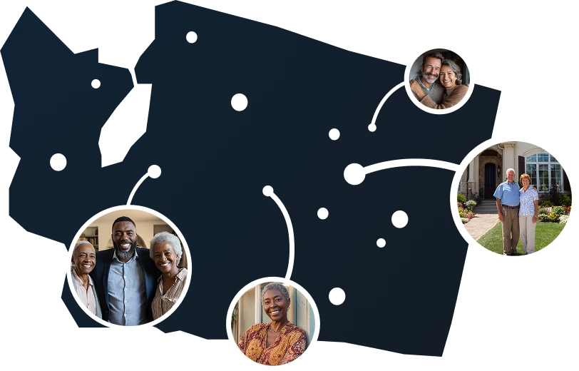 Vector map of Washington with homeowners discovering Sell2Rent's sale-leaseback options