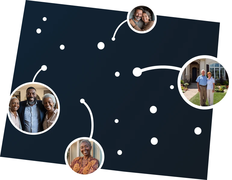 Illustrated Wyoming state map with residents benefiting from Sell2Rent's sell and stay program