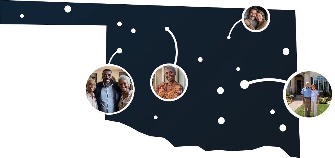 Illustrated Oklahoma state outline with residents unlocking home equity through Sell2Rent's sell and stay program